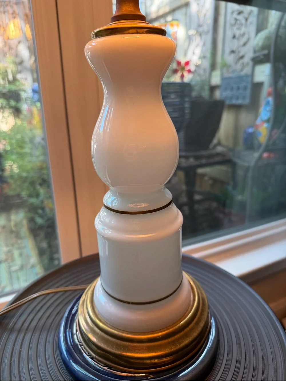 Vintage White Glass and Brass Small Table Lamp. Jute Shade. Hand Painted Stripe